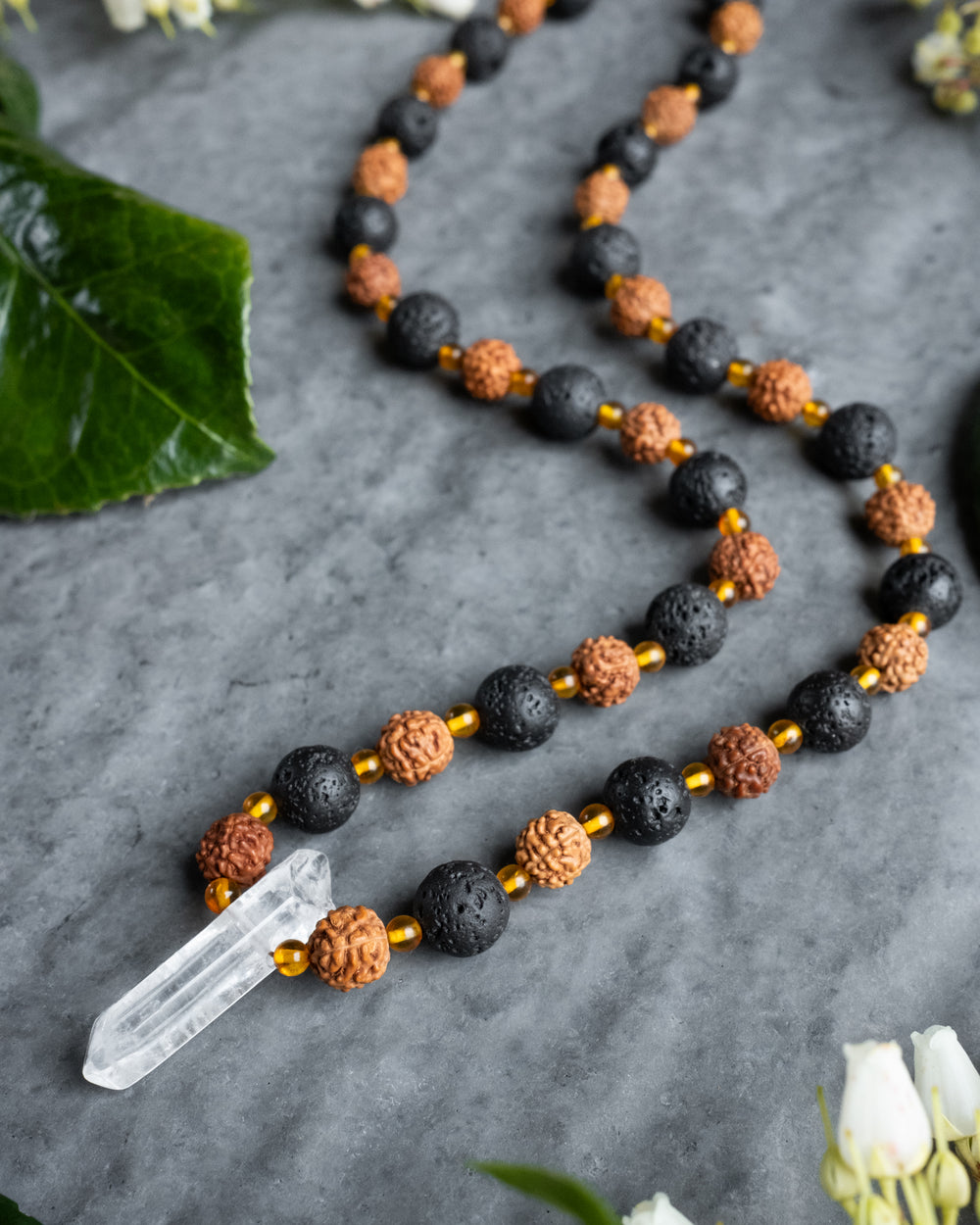 Clear Quartz Point, Red Rudraksha, Lava Stone & Baltic Amber Beaded Necklace - The Healing Pear
