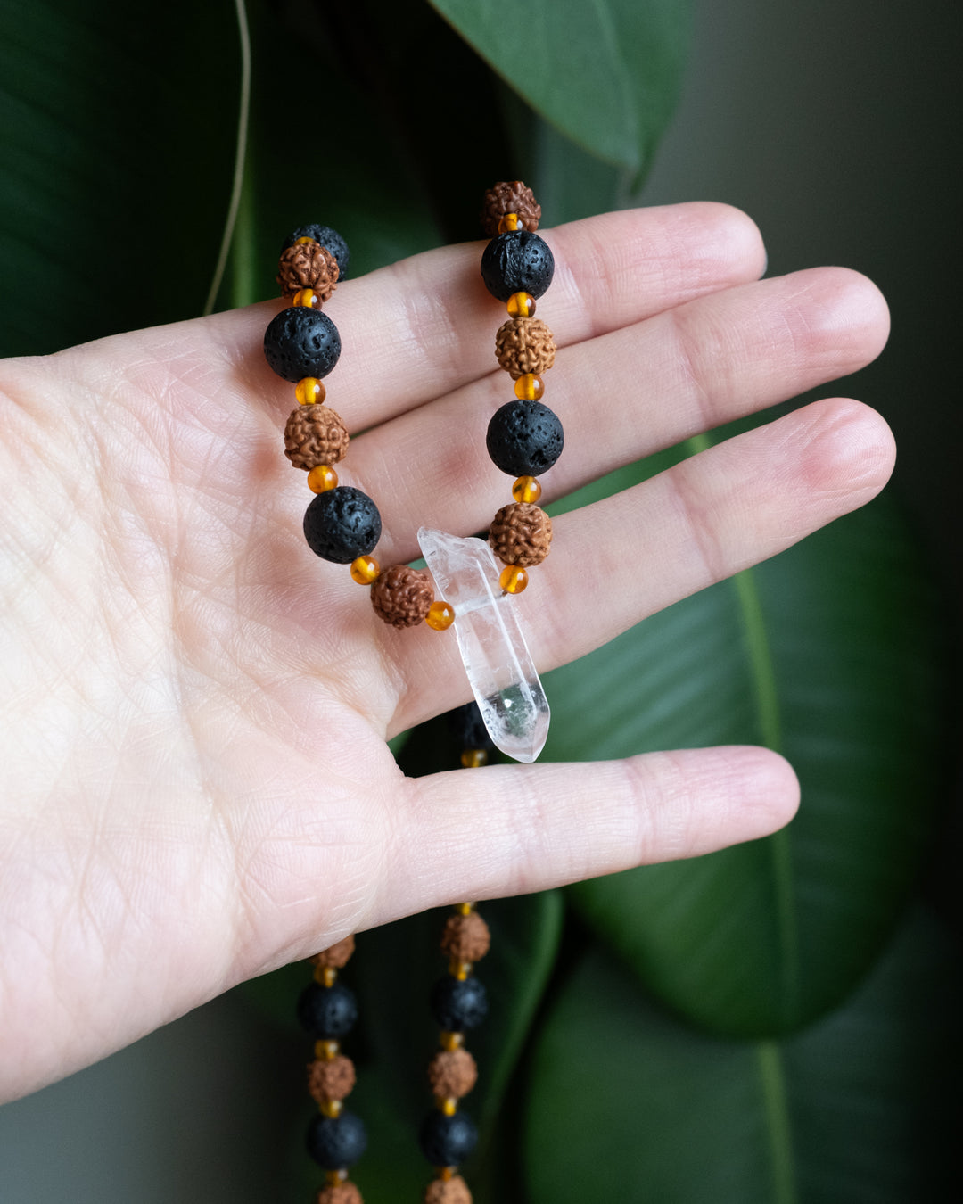 Clear Quartz Point, Red Rudraksha, Lava Stone &amp; Baltic Amber Beaded Necklace - The Healing Pear