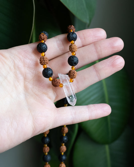 Clear Quartz Point, Red Rudraksha, Lava Stone &amp; Baltic Amber Beaded Necklace - The Healing Pear