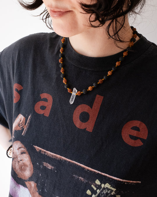 Clear Quartz Point, Red Rudraksha, Lava Stone &amp; Baltic Amber Beaded Necklace - The Healing Pear