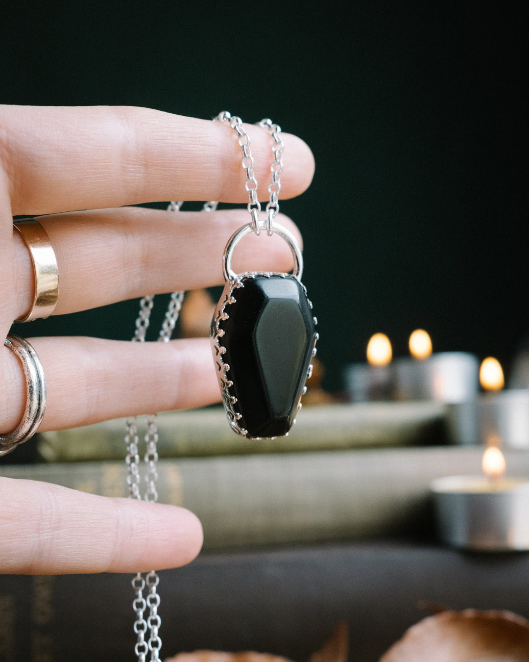 Obsidian Coffin Sterling Silver Necklace