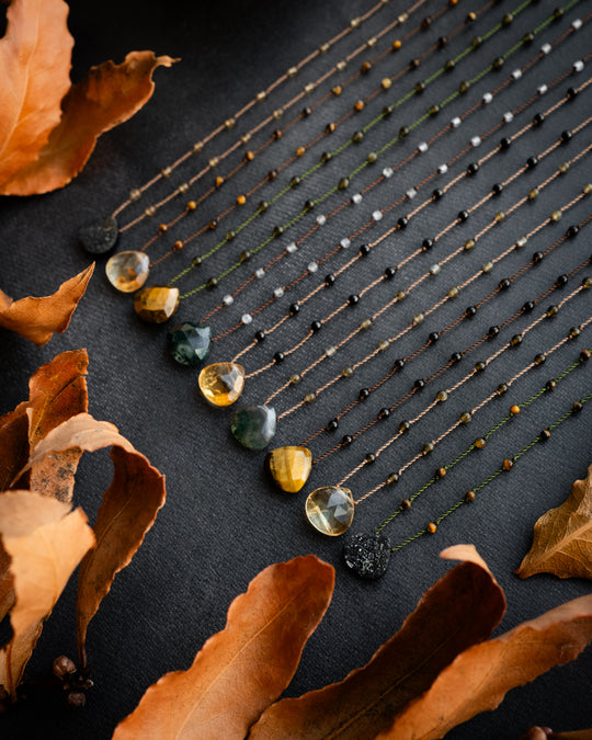 Natural Citrine / Tiger's Eye / Moss Agate / Black Druzy Agate Hand Knotted Beaded Necklace