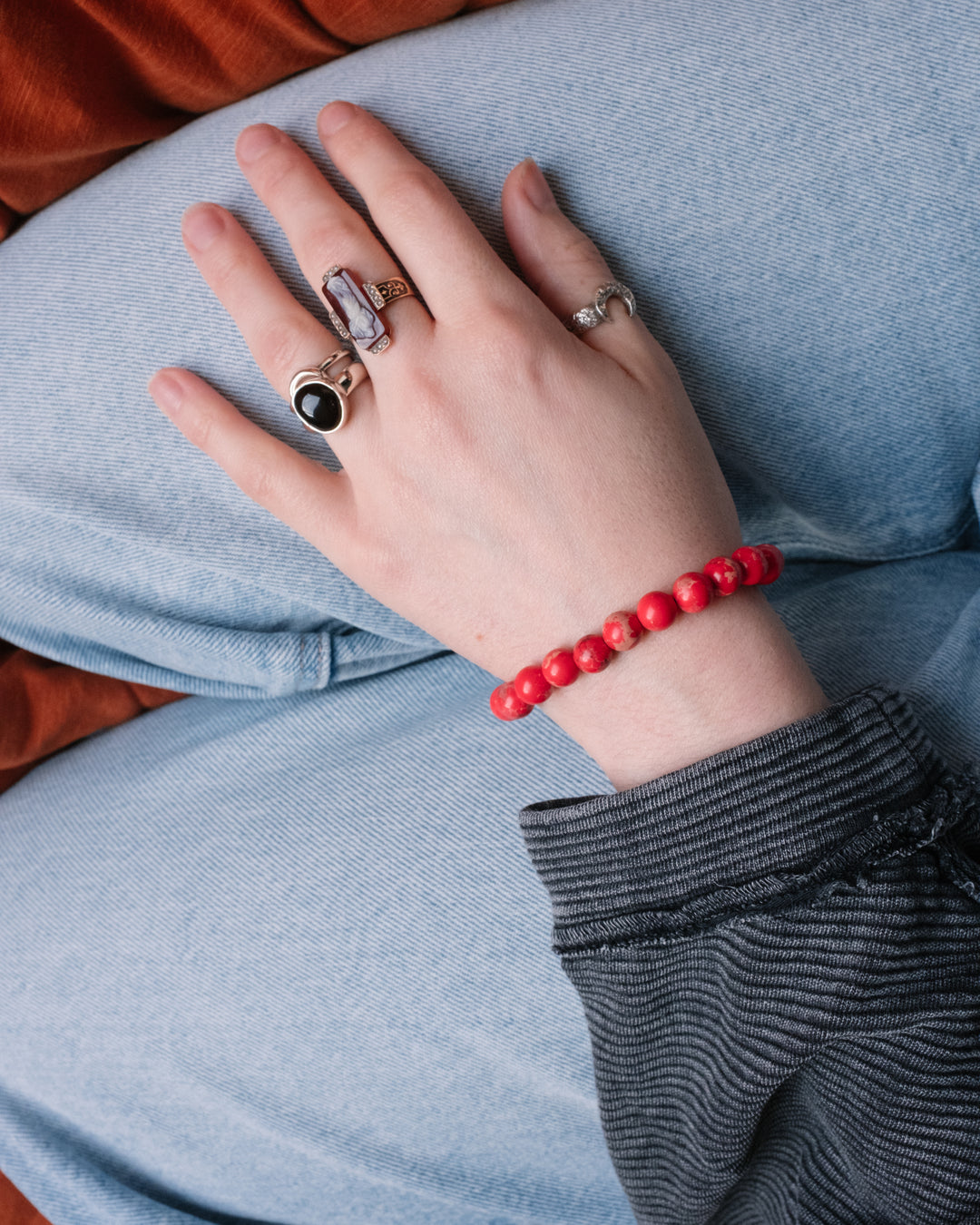 Coral Red Imperial Jasper Round Bead Bracelet 8mm