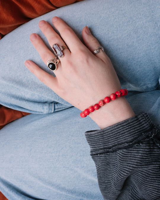 Coral Red Imperial Jasper Round Bead Bracelet 8mm