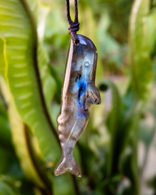 Labradorite Hand Carved Sperm Whale Necklace