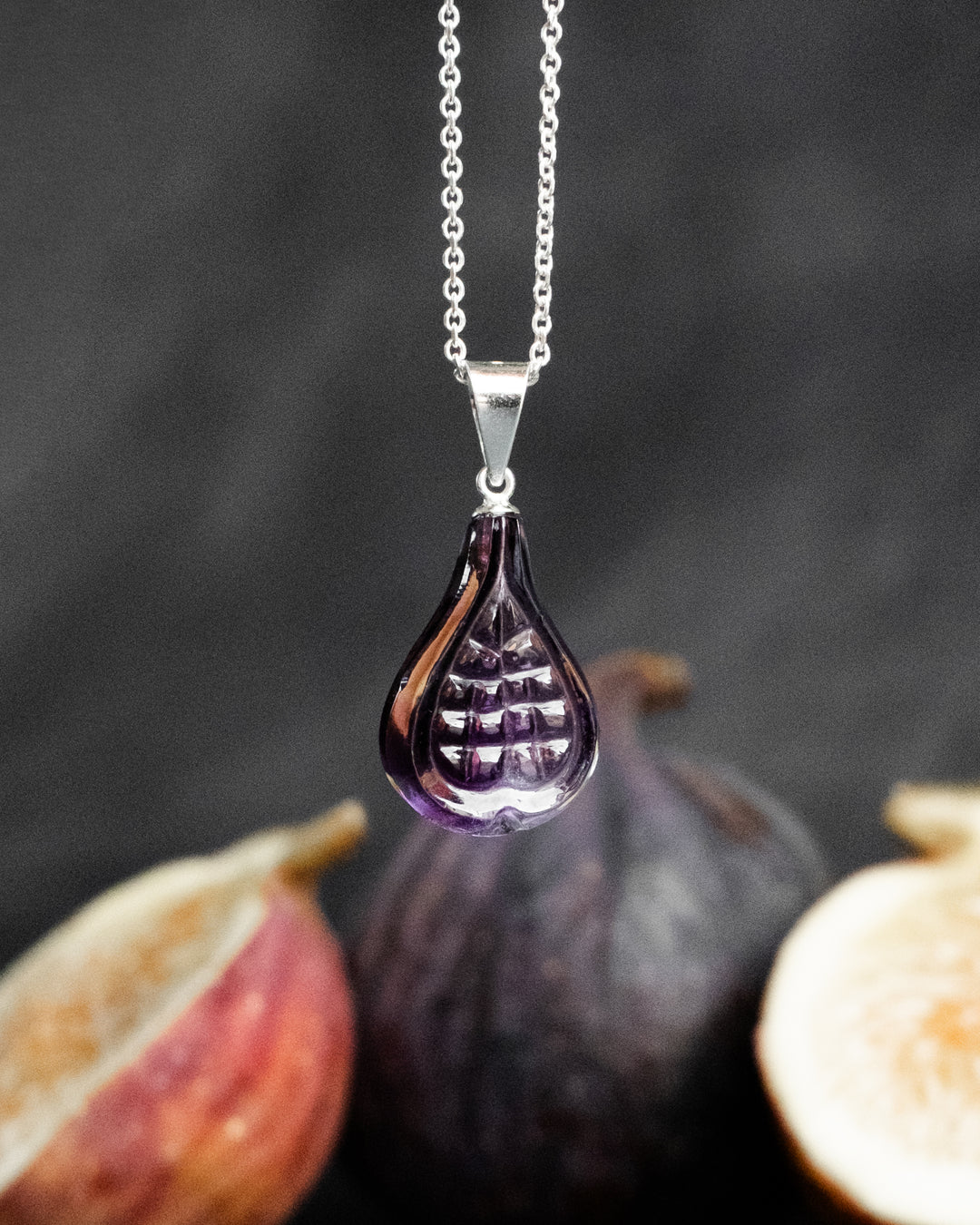 Hand Carved Amethyst Fig Necklace