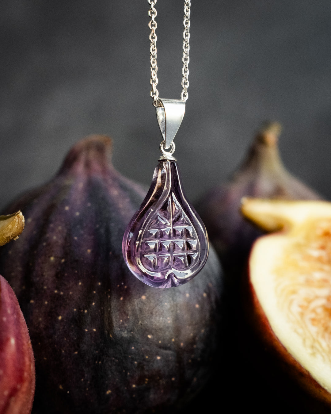 Hand Carved Amethyst Fig Necklace
