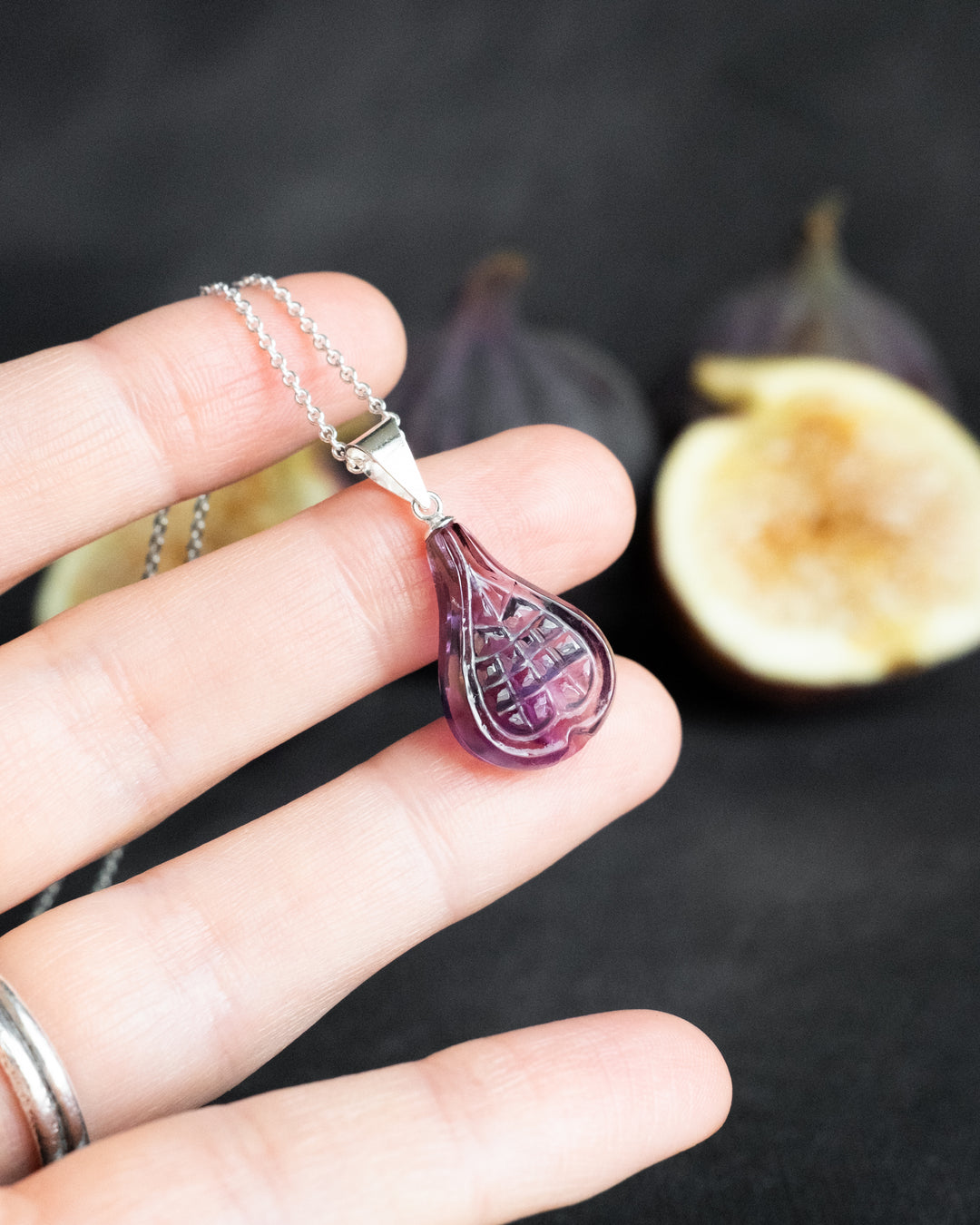 Hand Carved Amethyst Fig Necklace