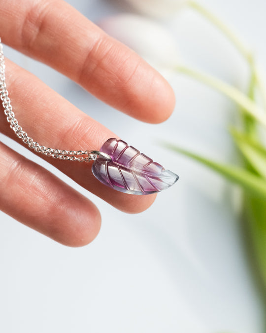 Rainbow Fluorite Hand Carved Leaf Necklace - The Healing Pear