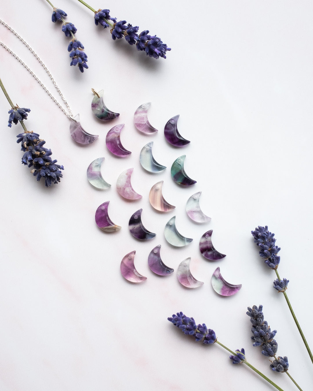 Rainbow Fluorite Crescent Moon Recycled Sterling Silver Necklace - The Healing Pear
