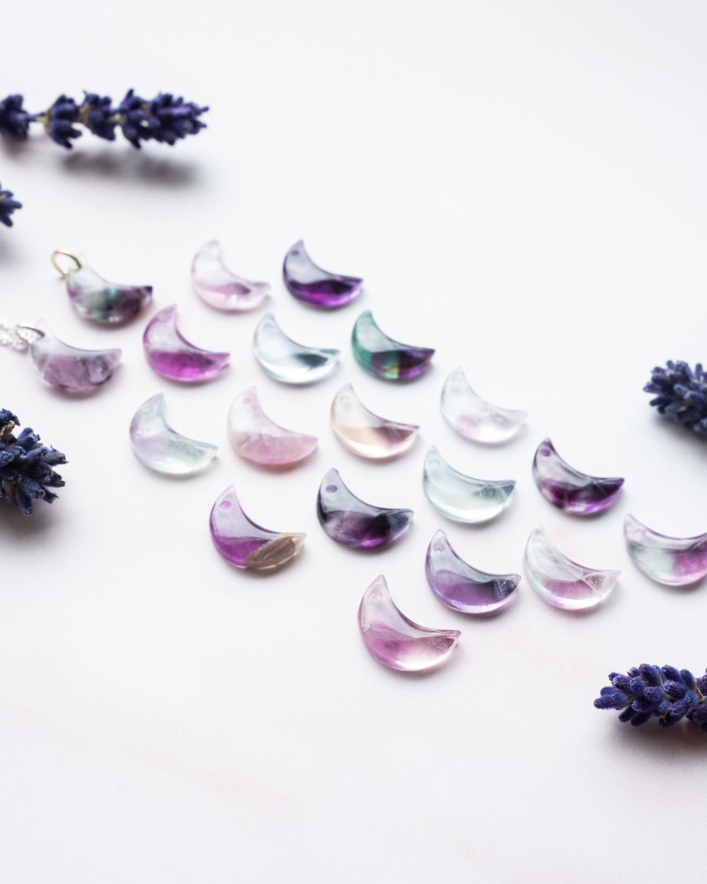 Rainbow Fluorite Crescent Moon Recycled Sterling Silver Necklace - The Healing Pear