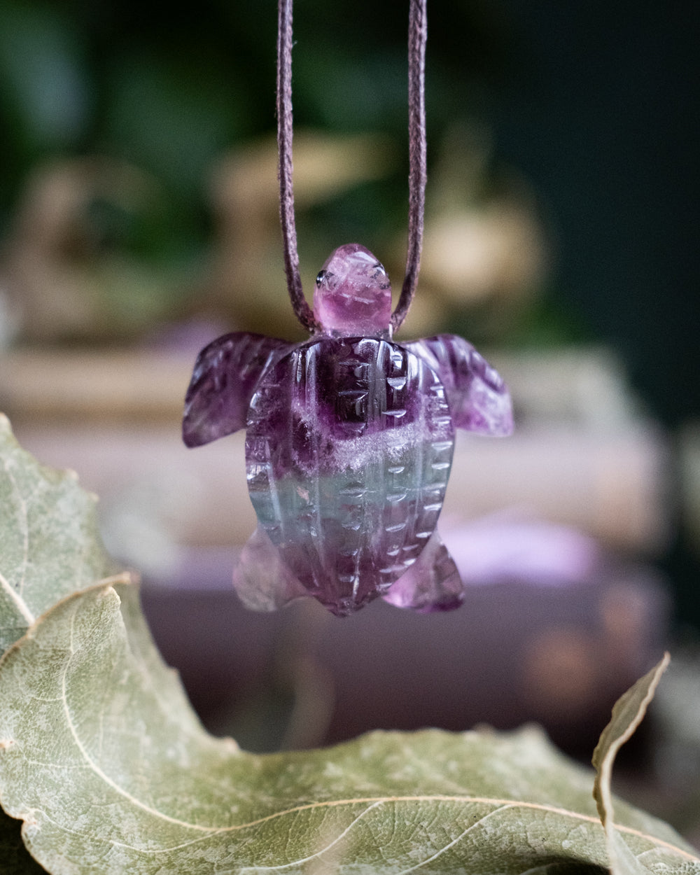 Small Rainbow Fluorite Hand Carved Leatherback Sea Turtle Necklace - The Healing Pear