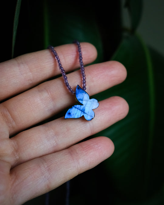 Labradorite Hand Carved Butterfly Beaded Necklace
