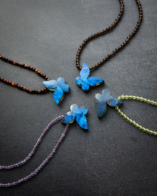 Labradorite Hand Carved Butterfly Beaded Necklace