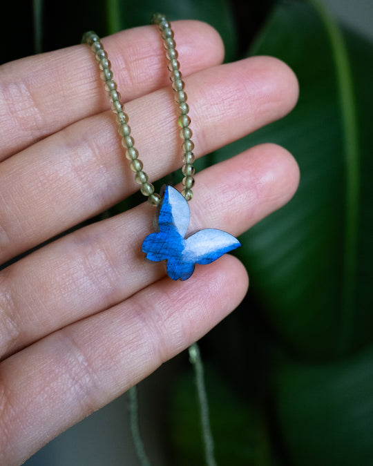 Labradorite Hand Carved Butterfly Beaded Necklace