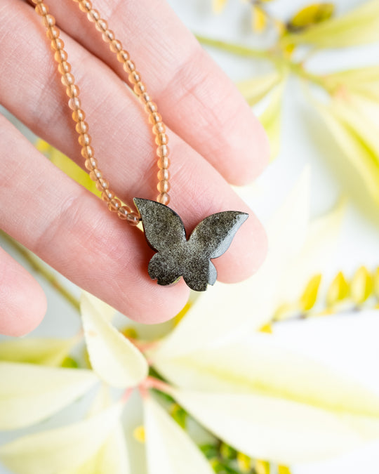 Gold Sheen Obsidian Hand Carved Butterfly Beaded Necklace - The Healing Pear