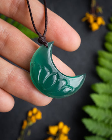 Green Onyx Hand Carved Lotus Moon Necklace