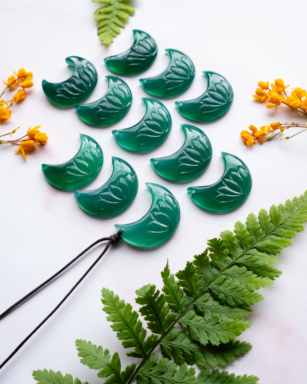 Green Onyx Hand Carved Lotus Moon Necklace