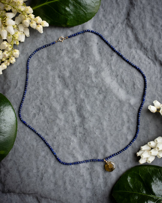 Tourmaline Slice &amp; Lapis Lazuli Recycled 9ct Gold Beaded Necklace - The Healing Pear