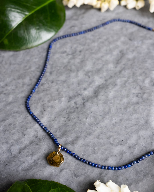 Tourmaline Slice &amp; Lapis Lazuli Recycled 9ct Gold Beaded Necklace - The Healing Pear