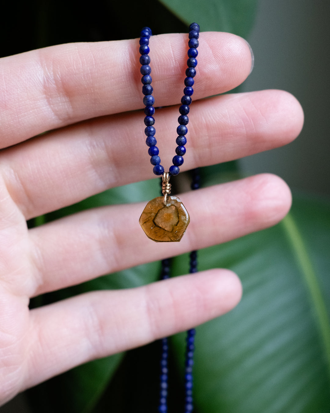 Tourmaline Slice &amp; Lapis Lazuli Recycled 9ct Gold Beaded Necklace - The Healing Pear