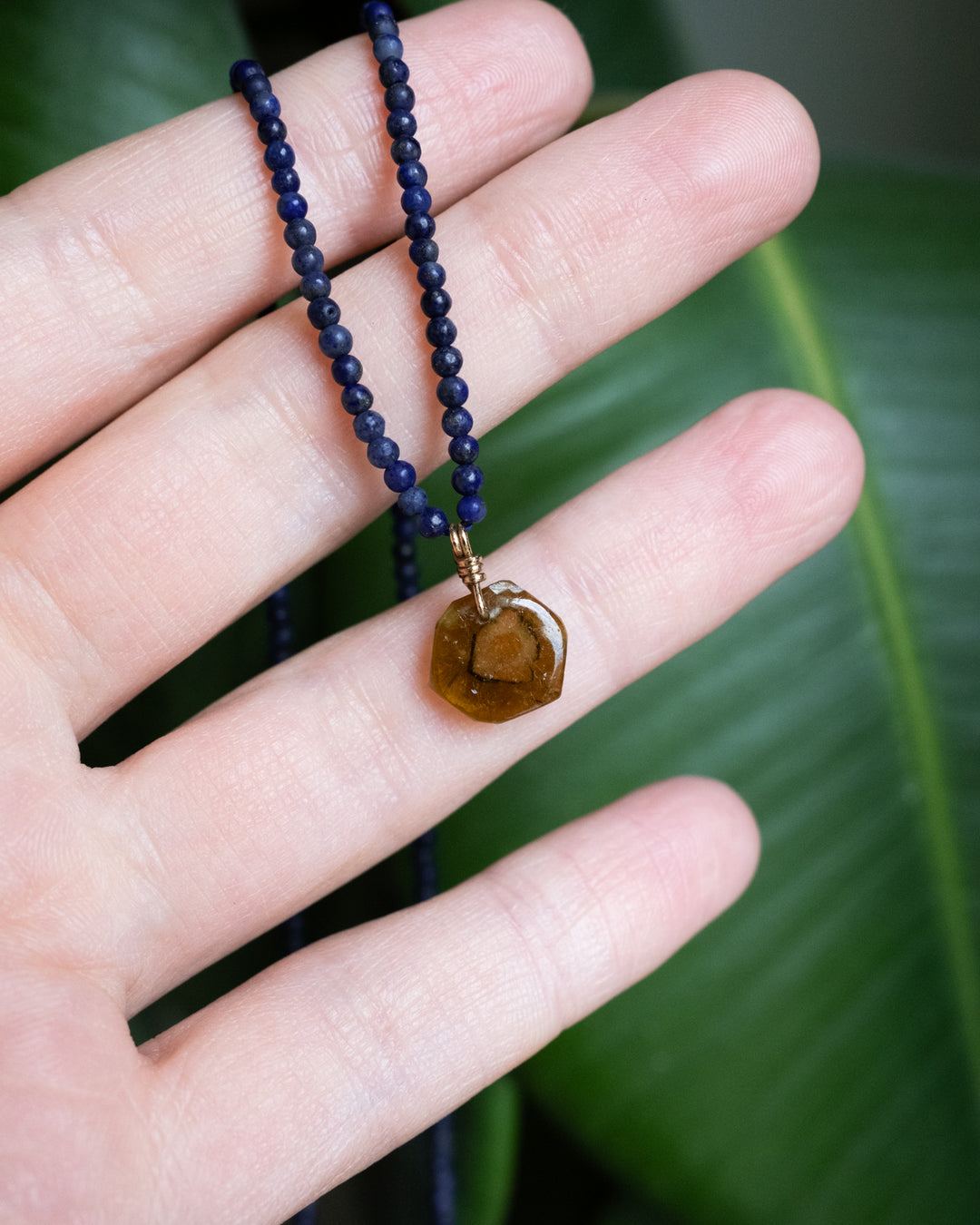 Tourmaline Slice &amp; Lapis Lazuli Recycled 9ct Gold Beaded Necklace - The Healing Pear