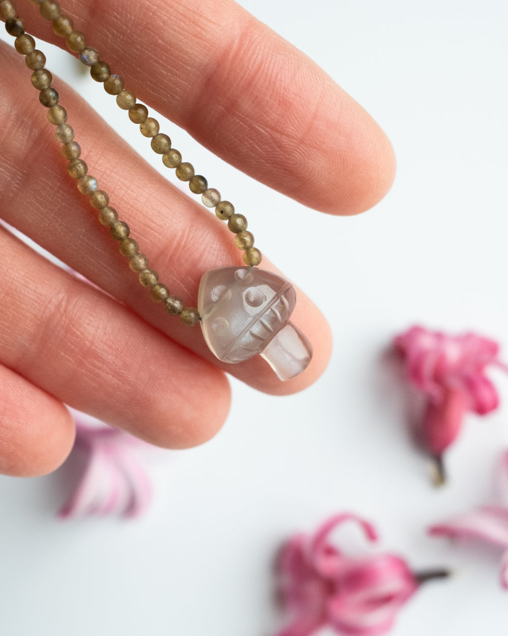 Grey Moonstone Hand Carved Toadstool & Green Labradorite Beaded Necklace - The Healing Pear