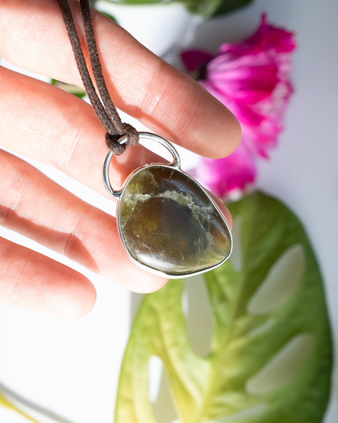 Green Grossular Garnet Pebble Recycled Sterling Silver Necklace