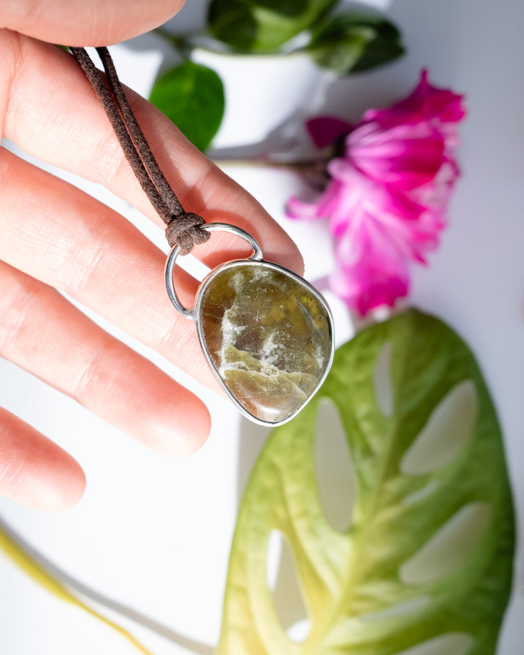 Green Grossular Garnet Pebble Recycled Sterling Silver Necklace