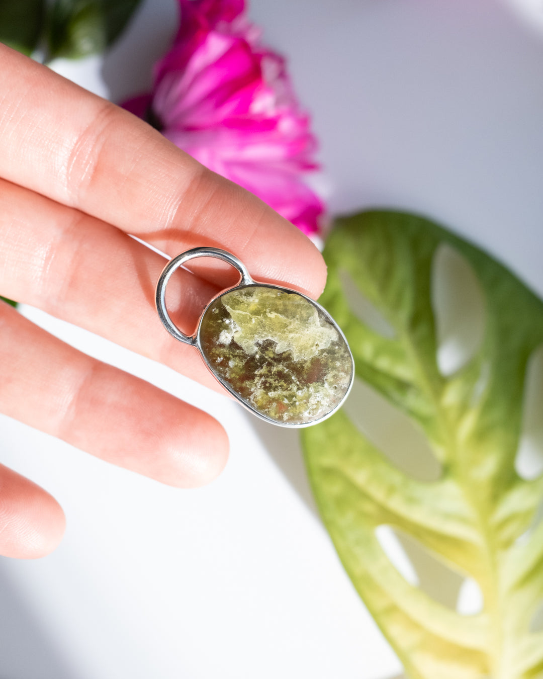 Green Grossular Garnet Pebble Recycled Sterling Silver Necklace
