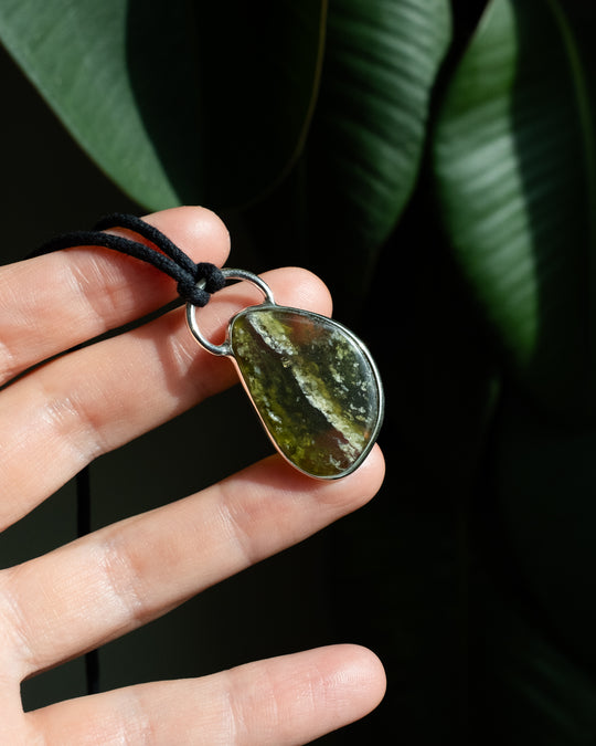 Green Grossular Garnet Pebble Recycled Sterling Silver Necklace