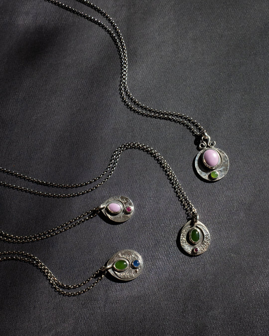Nephrite Jade &amp; Ruby Moon Talisman Sterling Silver Necklace - The Healing Pear