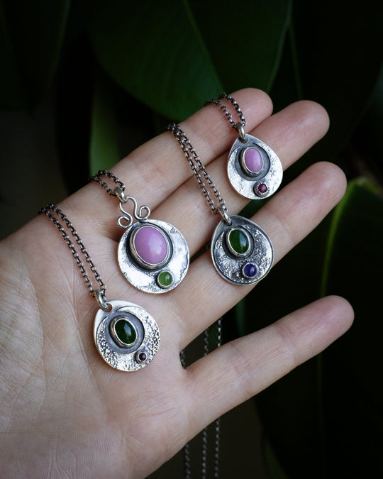 Nephrite Jade &amp; Ruby Moon Talisman Sterling Silver Necklace - The Healing Pear