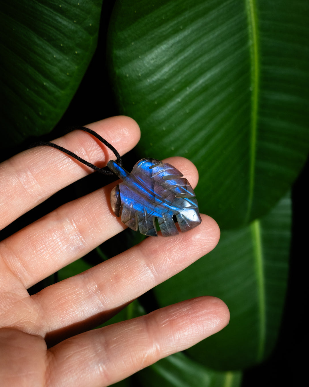 Labradorite Hand Carved Monstera / Cheese Plant Necklace