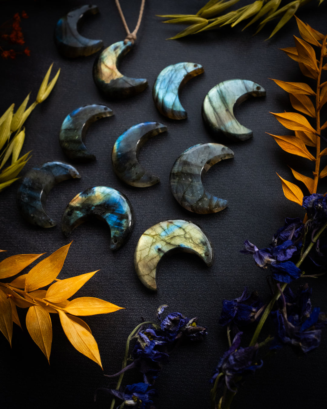 Labradorite Hand Carved Crescent Moon Necklace
