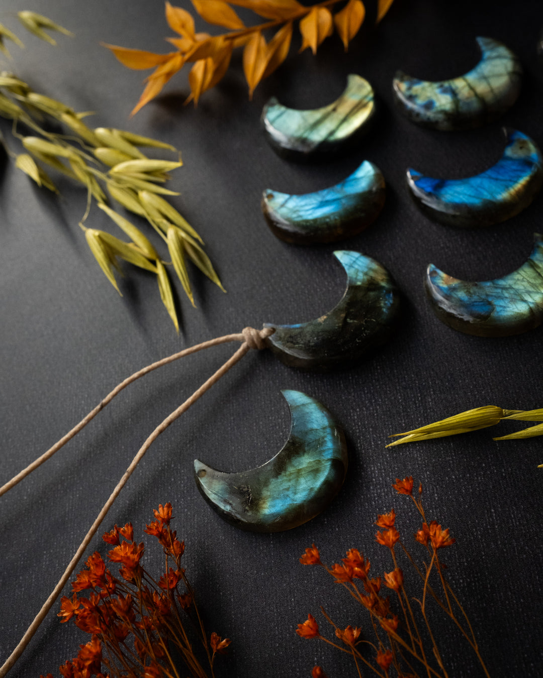 Labradorite Hand Carved Crescent Moon Necklace