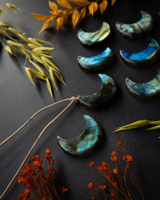 Labradorite Hand Carved Crescent Moon Necklace