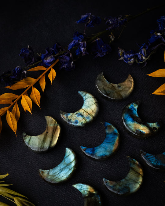 Labradorite Hand Carved Crescent Moon Necklace