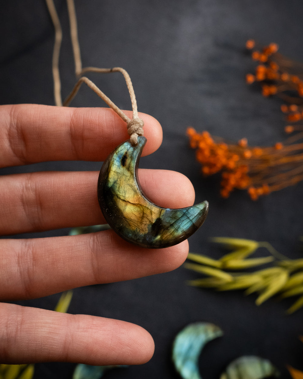 Labradorite Hand Carved Crescent Moon Necklace