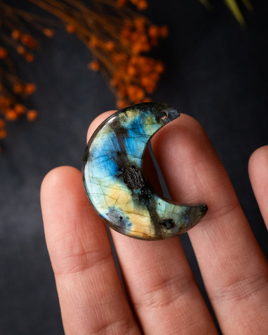 Labradorite Hand Carved Crescent Moon Necklace