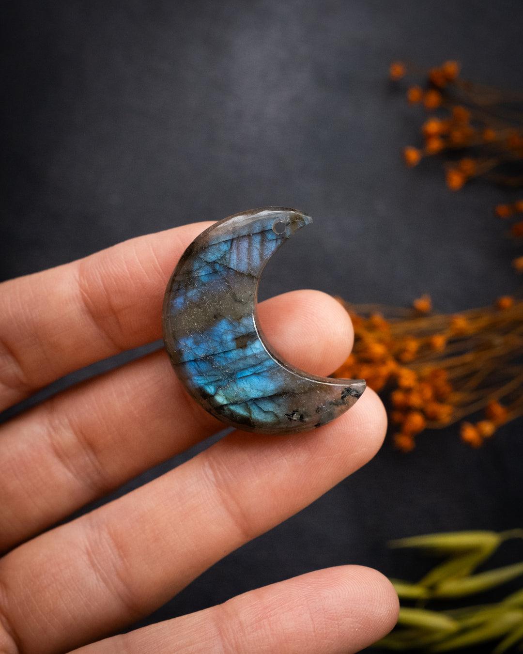 Labradorite Hand Carved Crescent Moon Necklace