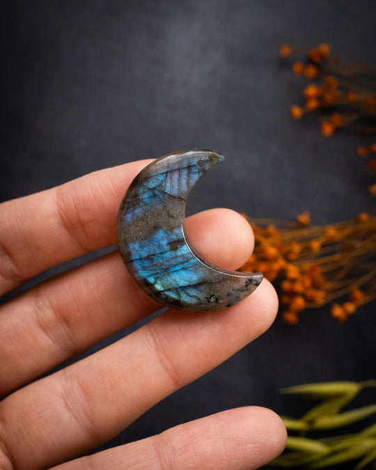 Labradorite Hand Carved Crescent Moon Necklace