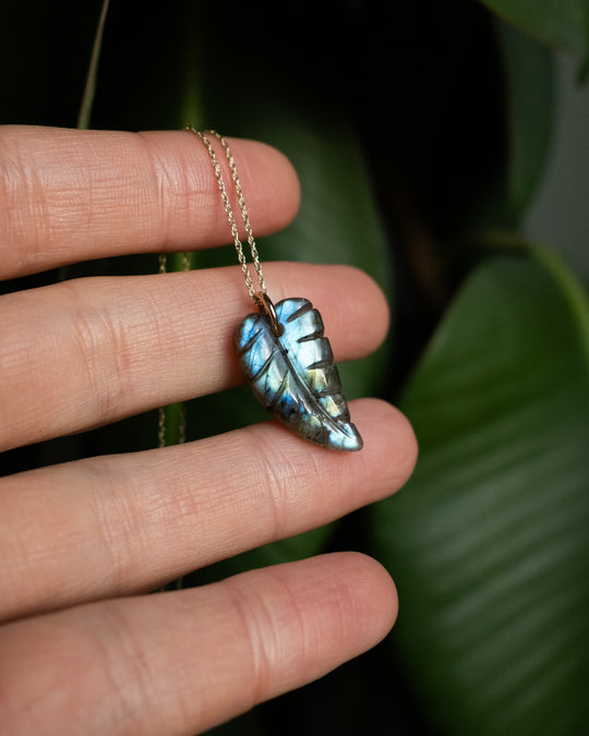 Labradorite Hand Carved Leaf Necklace