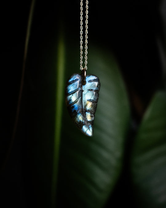Labradorite Hand Carved Leaf Necklace