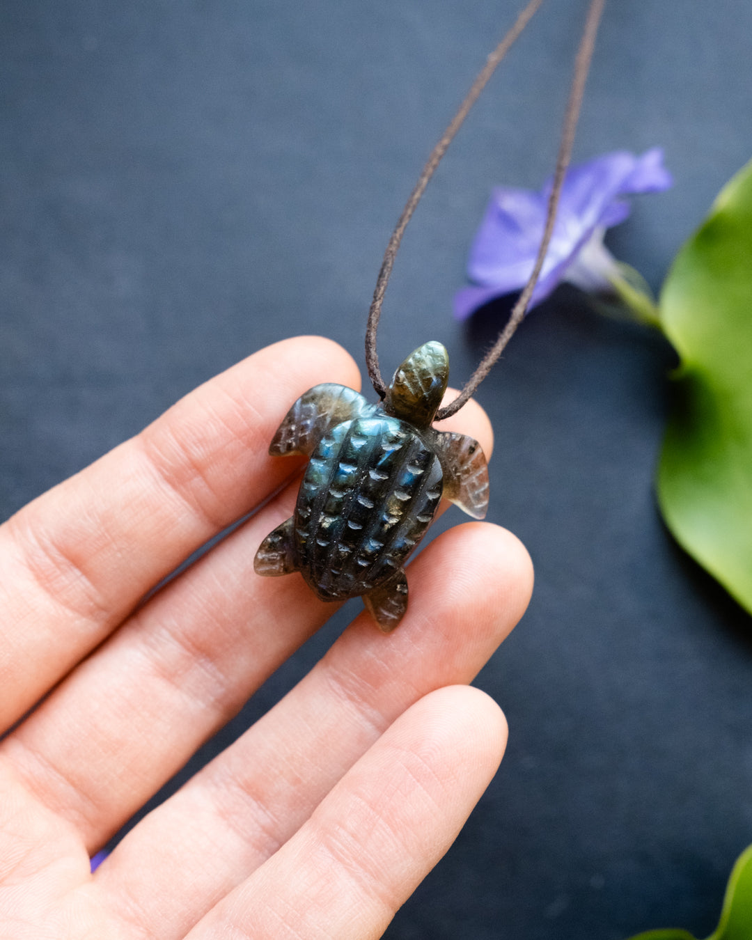Small Labradorite Hand Carved Leatherback Sea Turtle Necklace - The Healing Pear