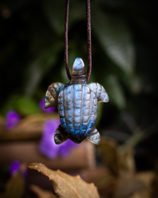 Small Labradorite Hand Carved Leatherback Sea Turtle Necklace - The Healing Pear