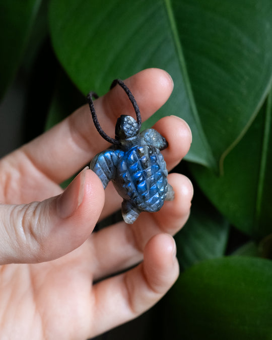Small Labradorite Hand Carved Leatherback Sea Turtle Necklace