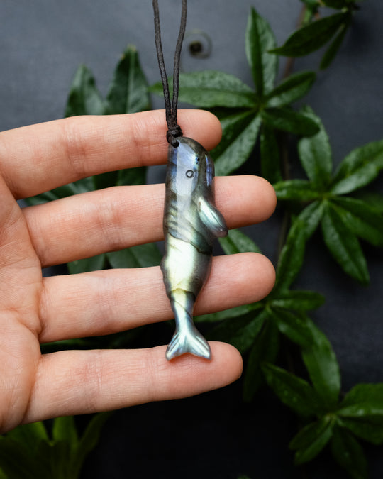Labradorite Hand Carved Sperm Whale Necklace