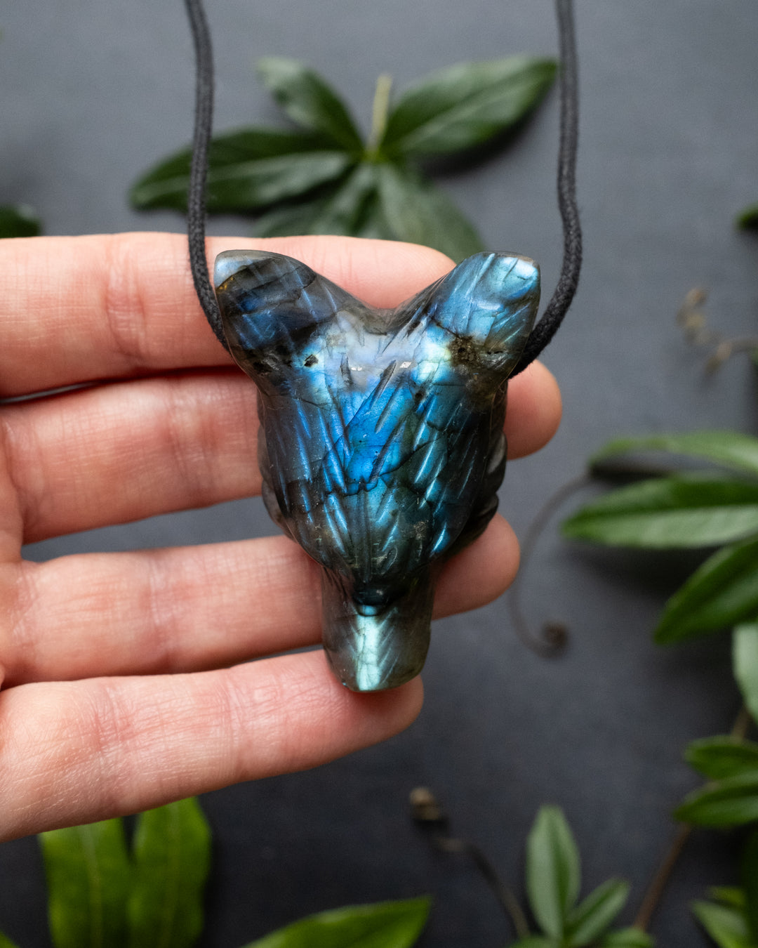 Large Labradorite Hand Carved Wolf Necklace