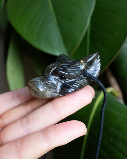 Large Labradorite Hand Carved Wolf Necklace